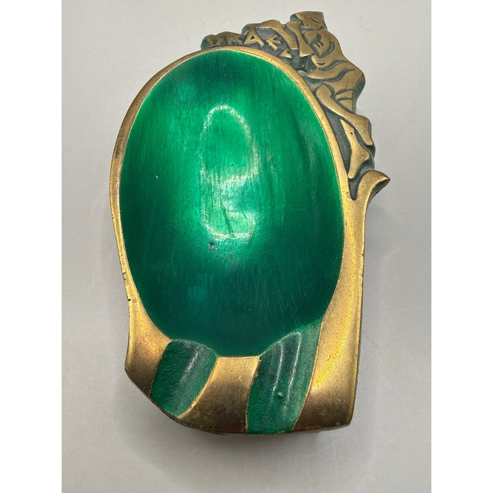 Vintage Israel Brass and Green Enamel Trinket Dish Ashtray Ornate Relief 4in - Picture 2 of 8
